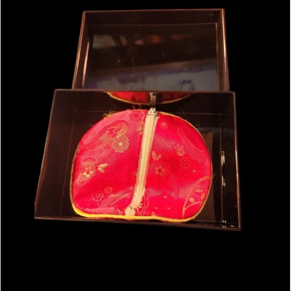 Vintage Trinket Box Asian  Cloisonne Pendant Tassel Bamboo Lacquer